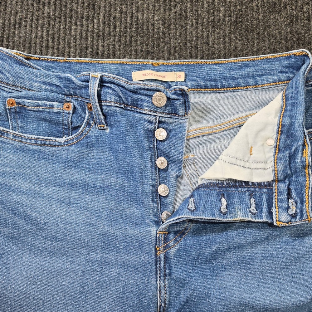 Levi's Wedgie Straight Jeans Womens 31 Blue Good Distressed Button Fly High Rise